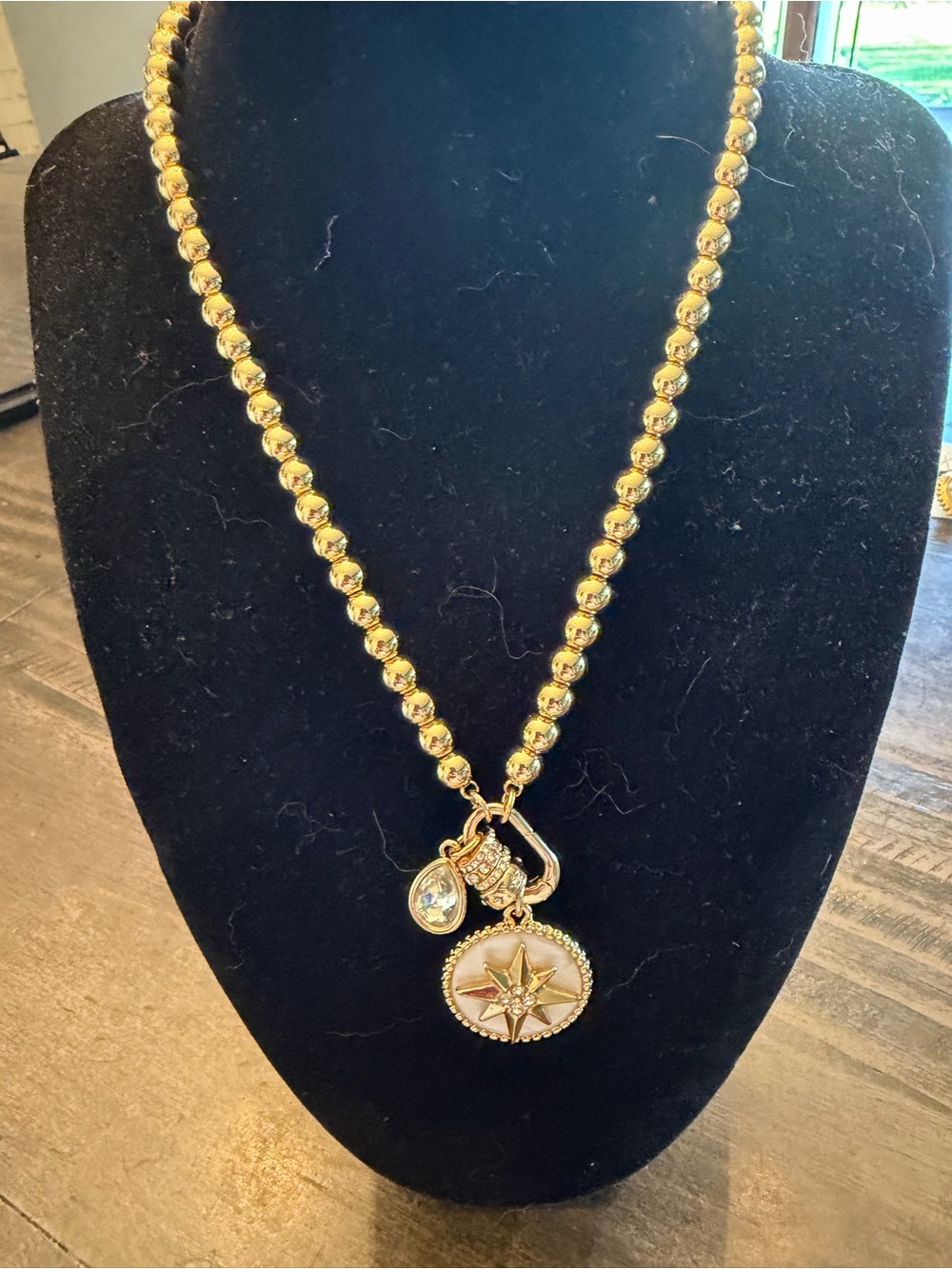 J. Crew Gold Beaded Necklace with Compass Star and Crystal Charms